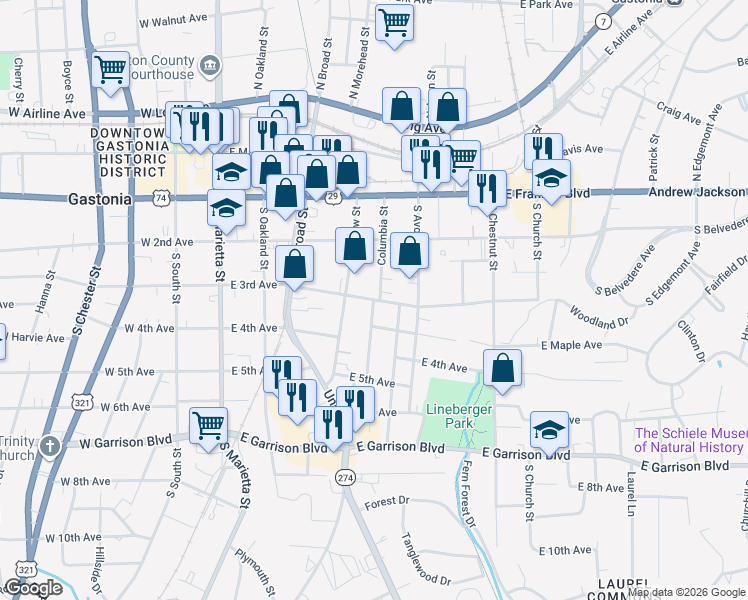 map of restaurants, bars, coffee shops, grocery stores, and more near 323 South Columbia Street in Gastonia