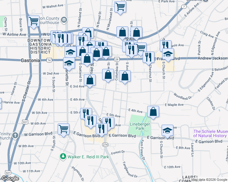 map of restaurants, bars, coffee shops, grocery stores, and more near 323 South Columbia Street in Gastonia