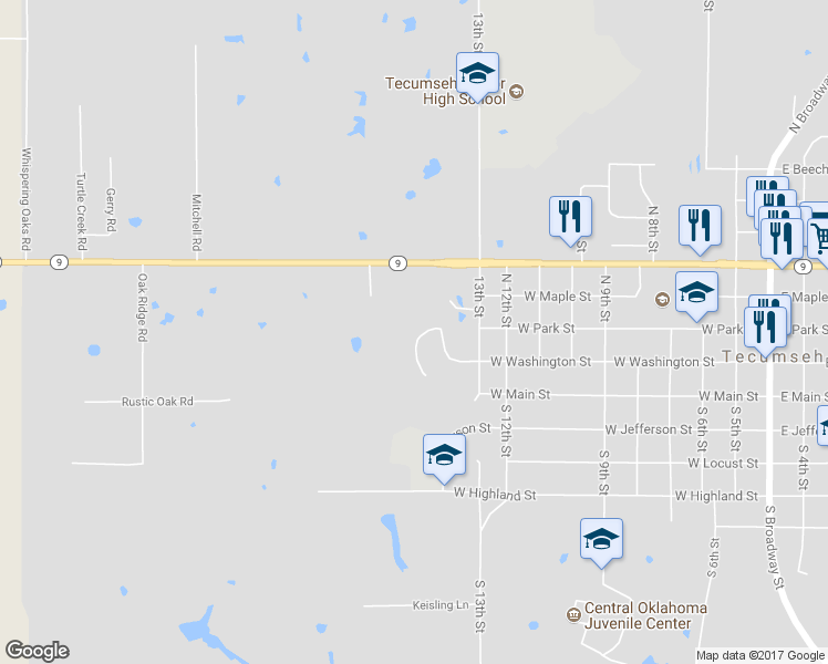 map of restaurants, bars, coffee shops, grocery stores, and more near 1111 West Washington Circle in Tecumseh