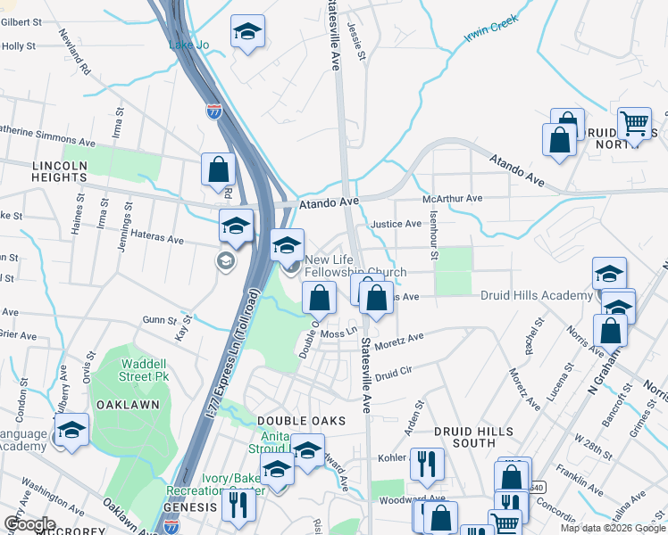 map of restaurants, bars, coffee shops, grocery stores, and more near in Charlotte