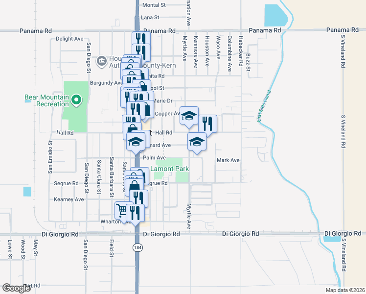 map of restaurants, bars, coffee shops, grocery stores, and more near 8400 Bernard Avenue in Lamont
