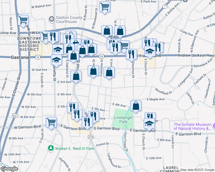 map of restaurants, bars, coffee shops, grocery stores, and more near 602 East 3rd Avenue in Gastonia