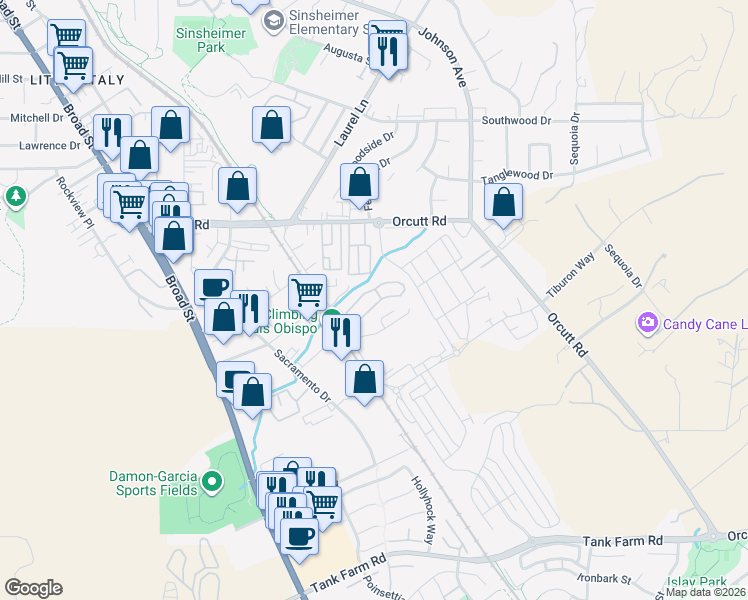 map of restaurants, bars, coffee shops, grocery stores, and more near 3500 Bullock Lane in San Luis Obispo