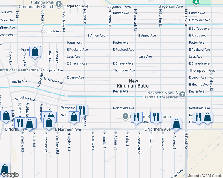 map of restaurants, bars, coffee shops, grocery stores, and more near 4637-4661 N Lomita St in Kingman