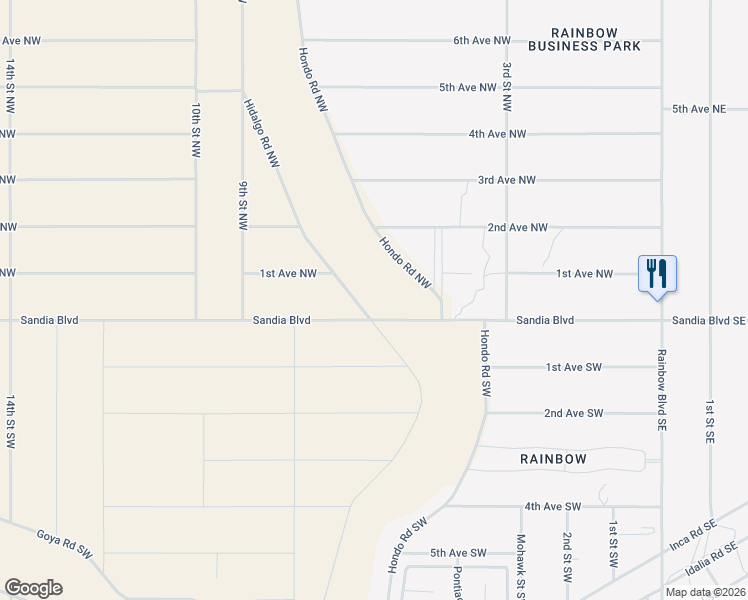 map of restaurants, bars, coffee shops, grocery stores, and more near 14 Hildalgo Road Northwest in Rio Rancho