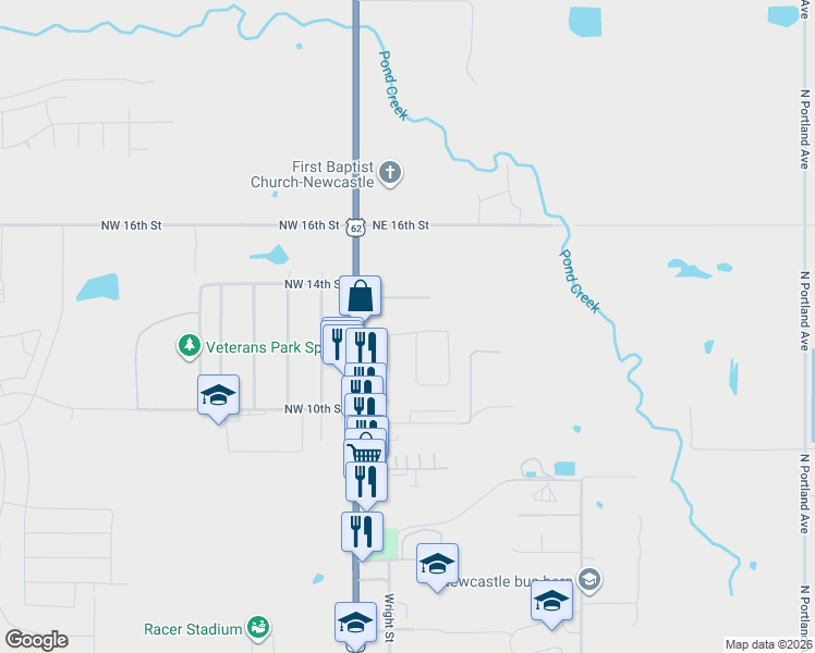map of restaurants, bars, coffee shops, grocery stores, and more near 305 Northeast 12th Street in Newcastle