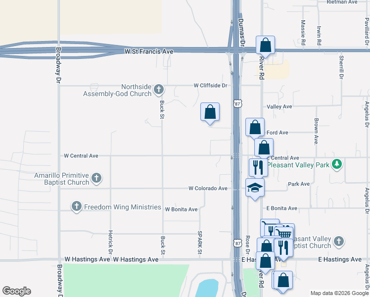 map of restaurants, bars, coffee shops, grocery stores, and more near 142-146 West Central Avenue in Amarillo