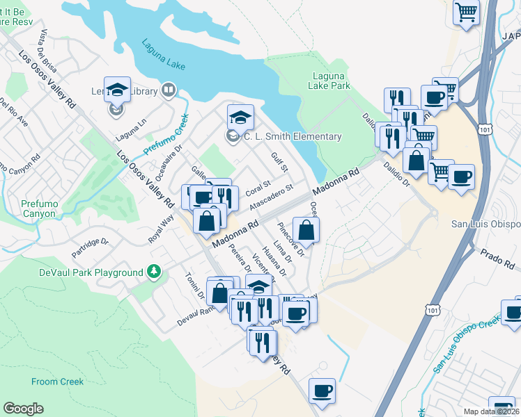 map of restaurants, bars, coffee shops, grocery stores, and more near 1173 Atascadero Street in San Luis Obispo