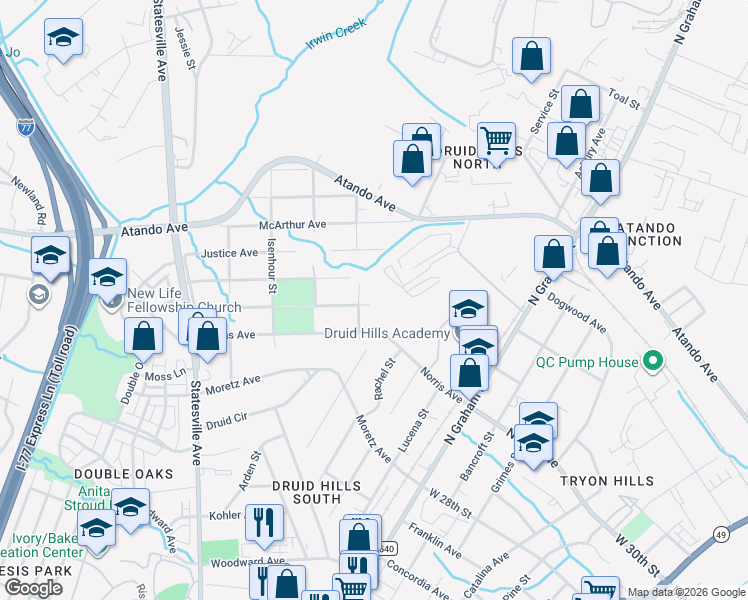 map of restaurants, bars, coffee shops, grocery stores, and more near in Charlotte