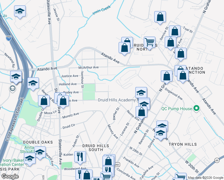 map of restaurants, bars, coffee shops, grocery stores, and more near in Charlotte