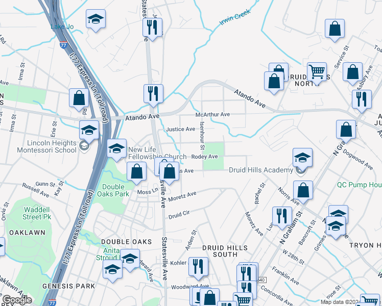 map of restaurants, bars, coffee shops, grocery stores, and more near in Charlotte