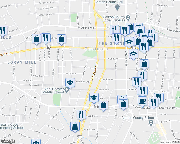 map of restaurants, bars, coffee shops, grocery stores, and more near 404 Hanna Street in Gastonia
