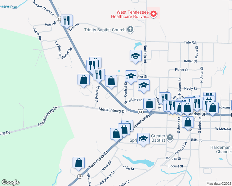map of restaurants, bars, coffee shops, grocery stores, and more near 1320 West Market Street in Bolivar