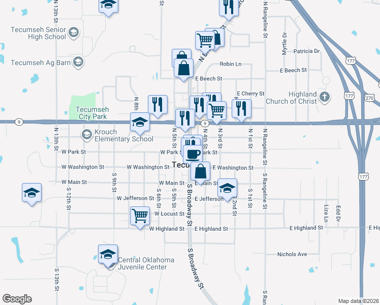 map of restaurants, bars, coffee shops, grocery stores, and more near Broadway in Tecumseh