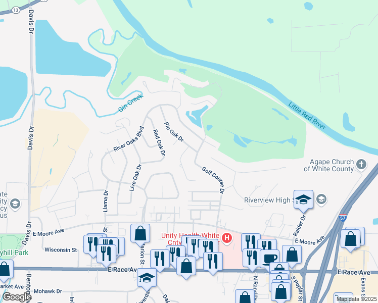 map of restaurants, bars, coffee shops, grocery stores, and more near 709 Pin Oak Drive in Searcy