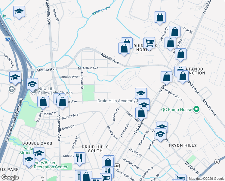 map of restaurants, bars, coffee shops, grocery stores, and more near in Charlotte