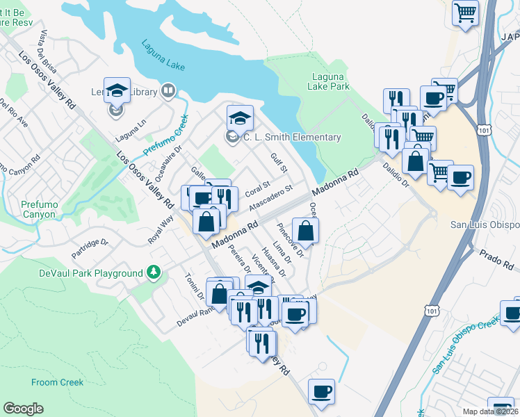 map of restaurants, bars, coffee shops, grocery stores, and more near 1173 Atascadero Street in San Luis Obispo