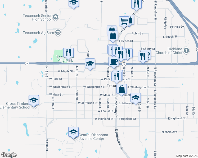 map of restaurants, bars, coffee shops, grocery stores, and more near 315 West Park Street in Tecumseh