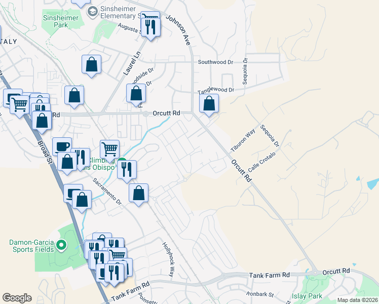 map of restaurants, bars, coffee shops, grocery stores, and more near 3735 Orcutt Road in San Luis Obispo