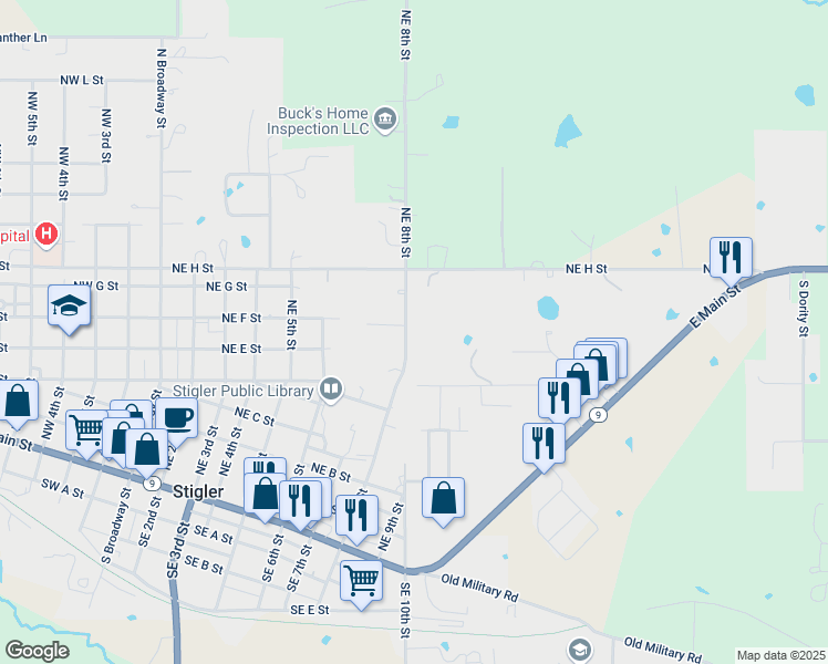 map of restaurants, bars, coffee shops, grocery stores, and more near 606 Northeast 8th Street in Stigler