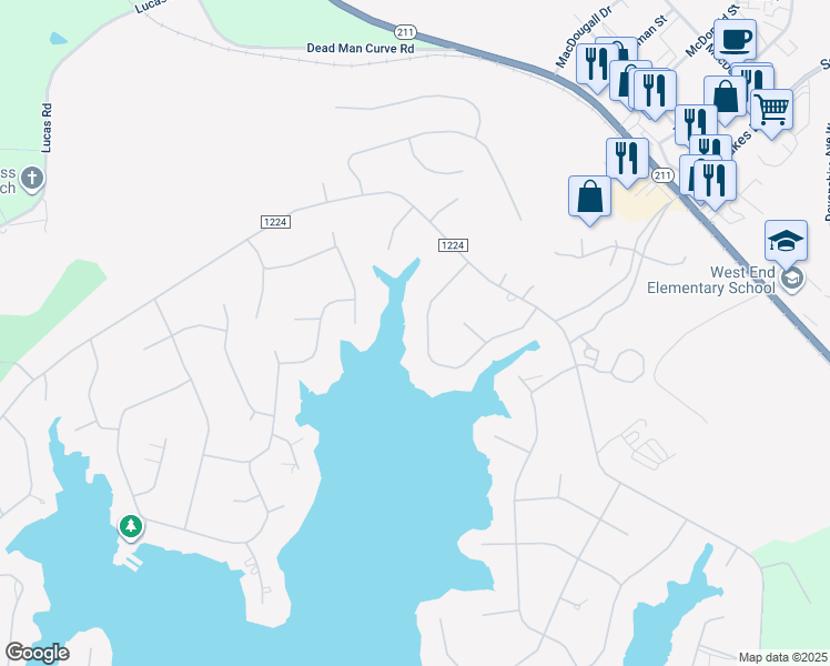map of restaurants, bars, coffee shops, grocery stores, and more near 139 Owens Circle in Seven Lakes