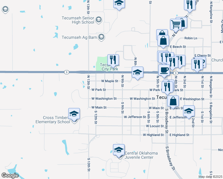 map of restaurants, bars, coffee shops, grocery stores, and more near 723 West Park Street in Tecumseh