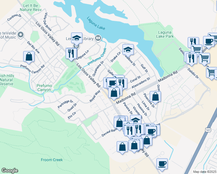map of restaurants, bars, coffee shops, grocery stores, and more near 1351 Royal Way in San Luis Obispo