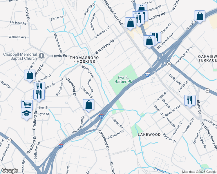 map of restaurants, bars, coffee shops, grocery stores, and more near 4136 Blenhein Road in Charlotte