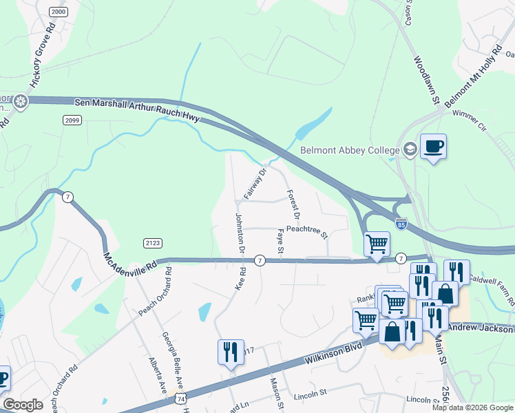 map of restaurants, bars, coffee shops, grocery stores, and more near 11 Spruce Pine Drive in Belmont