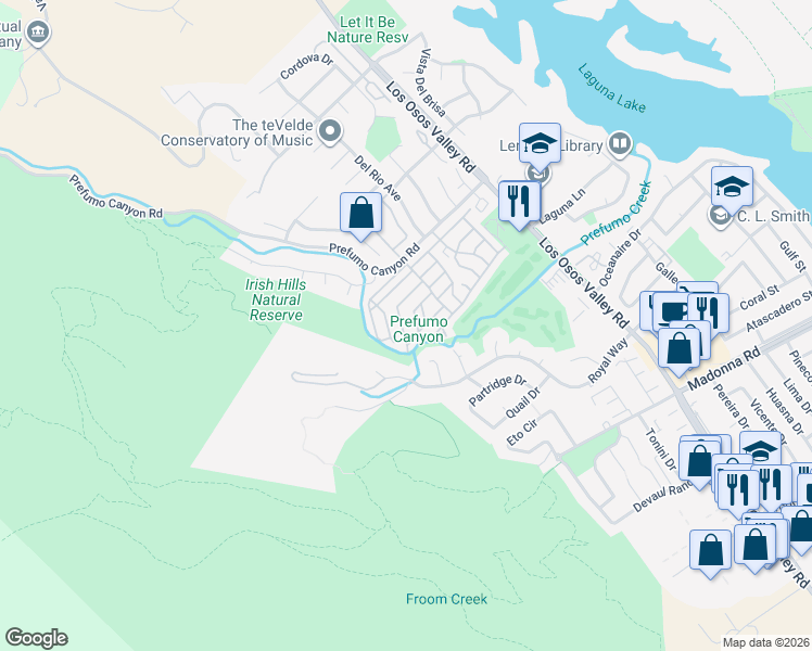 map of restaurants, bars, coffee shops, grocery stores, and more near 1845 Thelma Drive in San Luis Obispo