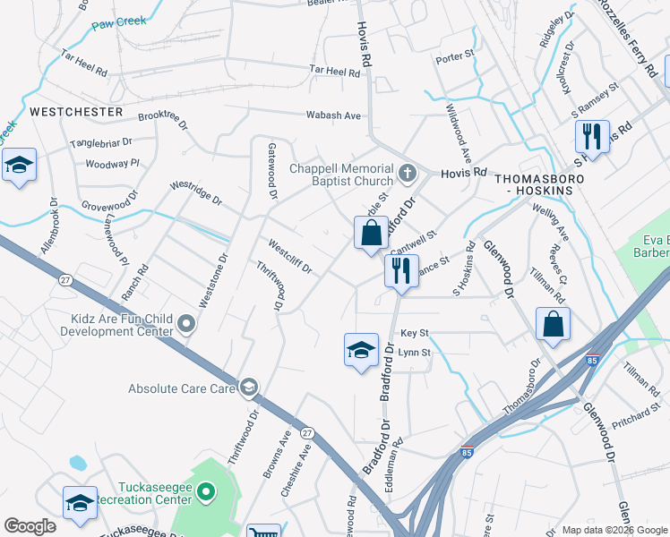 map of restaurants, bars, coffee shops, grocery stores, and more near 1132 Montcalm Street in Charlotte