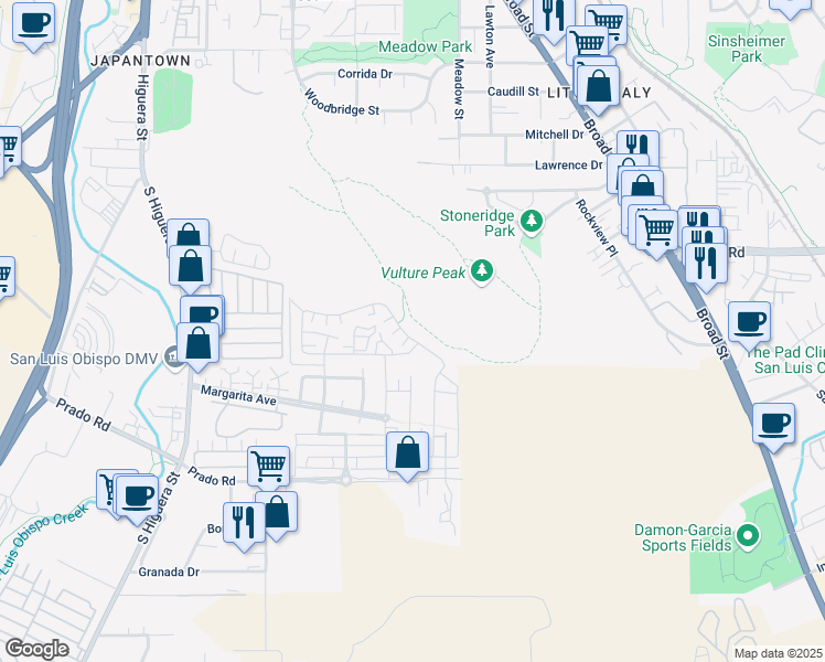 map of restaurants, bars, coffee shops, grocery stores, and more near 3089 Arezzo Drive in San Luis Obispo