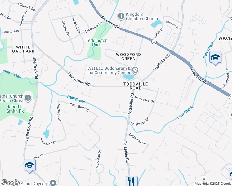 map of restaurants, bars, coffee shops, grocery stores, and more near 5639 Paw Creek Road in Charlotte