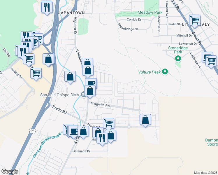 map of restaurants, bars, coffee shops, grocery stores, and more near 3057 South Higuera Street in San Luis Obispo