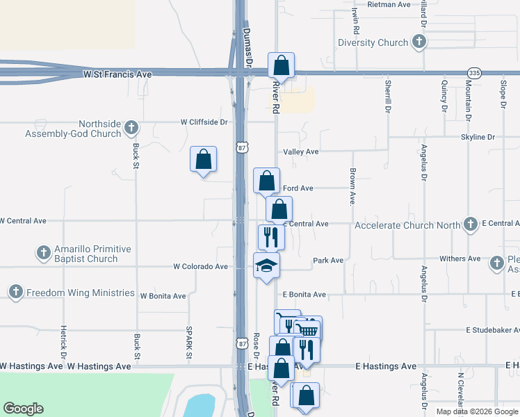 map of restaurants, bars, coffee shops, grocery stores, and more near 4809 River Road in Amarillo