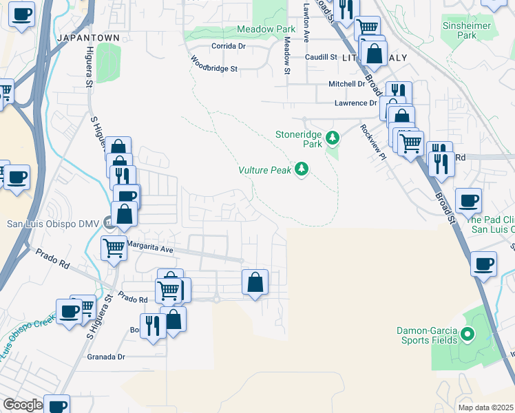 map of restaurants, bars, coffee shops, grocery stores, and more near 3089 Arezzo Drive in San Luis Obispo