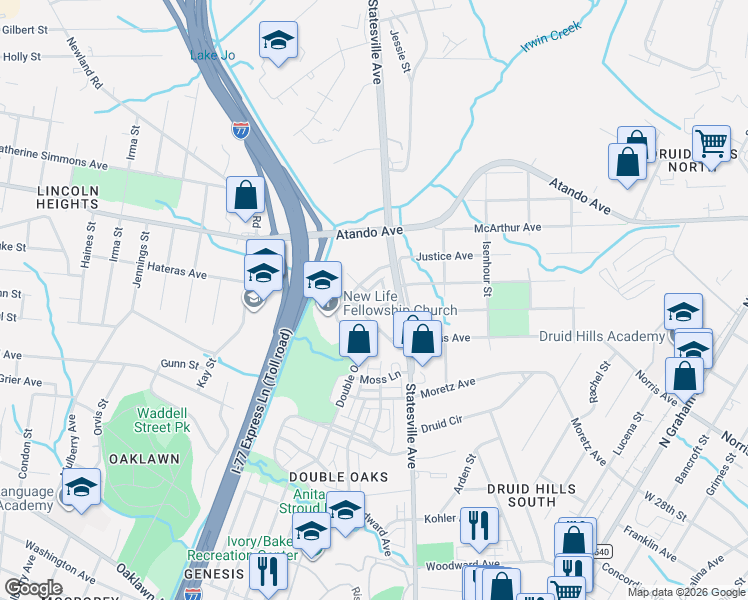 map of restaurants, bars, coffee shops, grocery stores, and more near 1408 Samuel Street in Charlotte