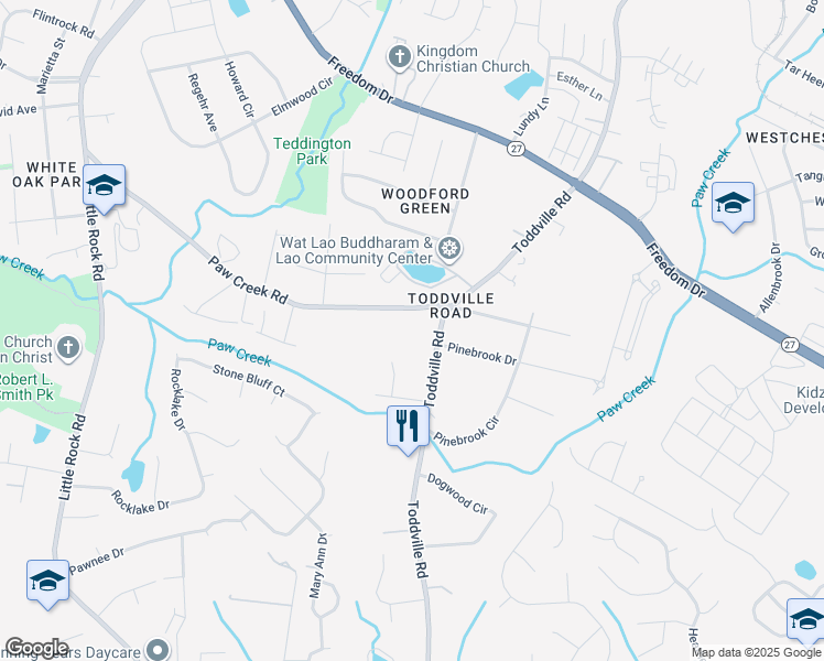 map of restaurants, bars, coffee shops, grocery stores, and more near 5601 Paw Creek Road in Charlotte