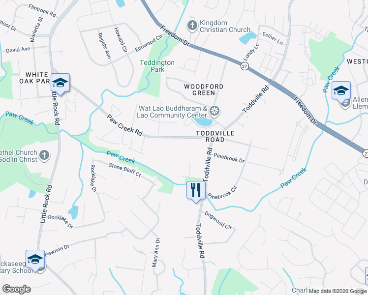 map of restaurants, bars, coffee shops, grocery stores, and more near 5639 Paw Creek Road in Charlotte