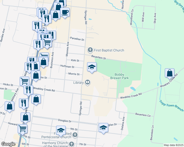 map of restaurants, bars, coffee shops, grocery stores, and more near 1800 Springer Road in Lawrenceburg