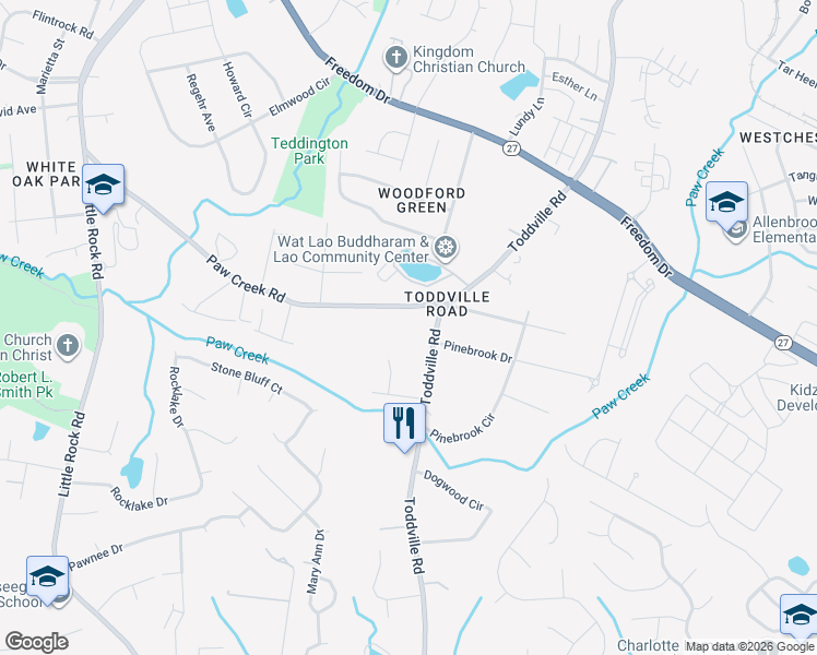 map of restaurants, bars, coffee shops, grocery stores, and more near 5601 Paw Creek Road in Charlotte