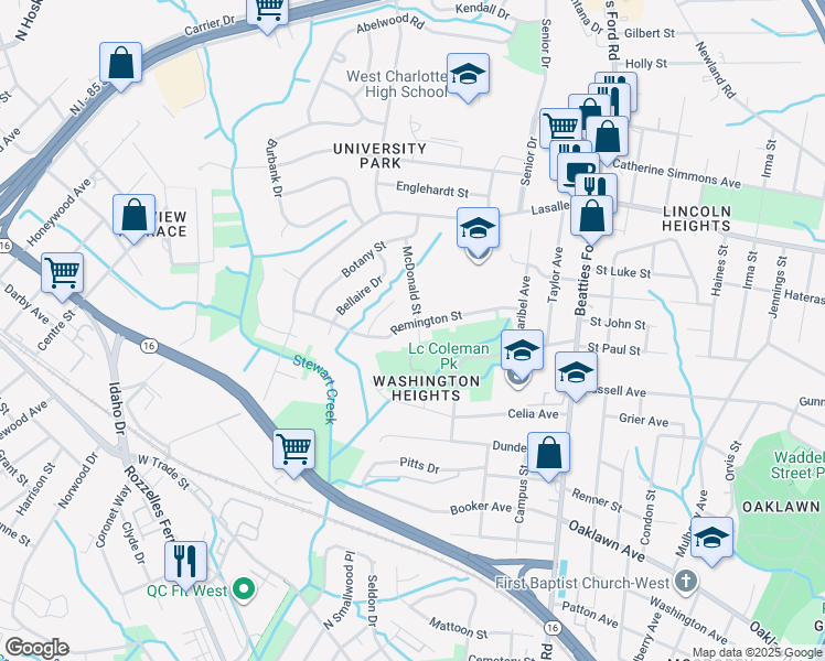 map of restaurants, bars, coffee shops, grocery stores, and more near 2727 Remington Street in Charlotte