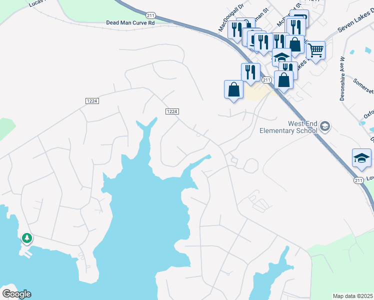 map of restaurants, bars, coffee shops, grocery stores, and more near 108 Owens Circle in Seven Lakes