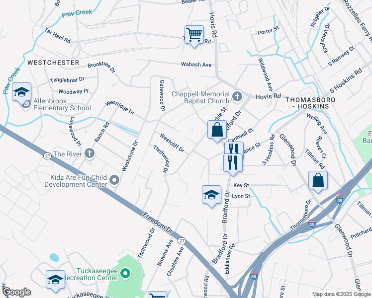 map of restaurants, bars, coffee shops, grocery stores, and more near 4108 Westcliff Drive in Charlotte