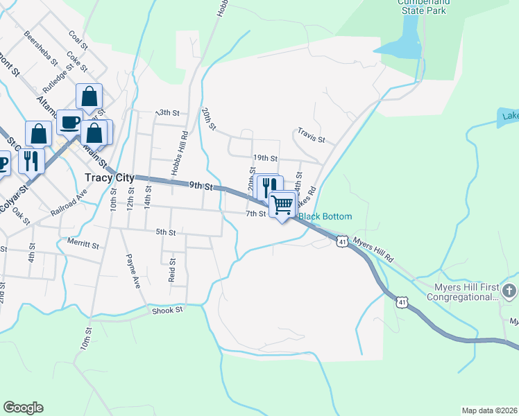 map of restaurants, bars, coffee shops, grocery stores, and more near 692 Main Street in Tracy City