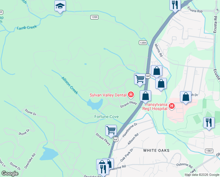 map of restaurants, bars, coffee shops, grocery stores, and more near 790 Camptown Road in Brevard