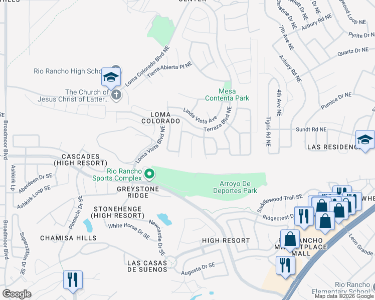 map of restaurants, bars, coffee shops, grocery stores, and more near 23 Vista Larga Place Northeast in Rio Rancho