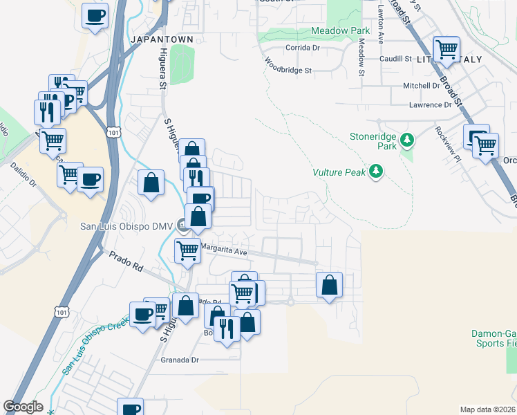 map of restaurants, bars, coffee shops, grocery stores, and more near 3032 Cortuna Drive in San Luis Obispo