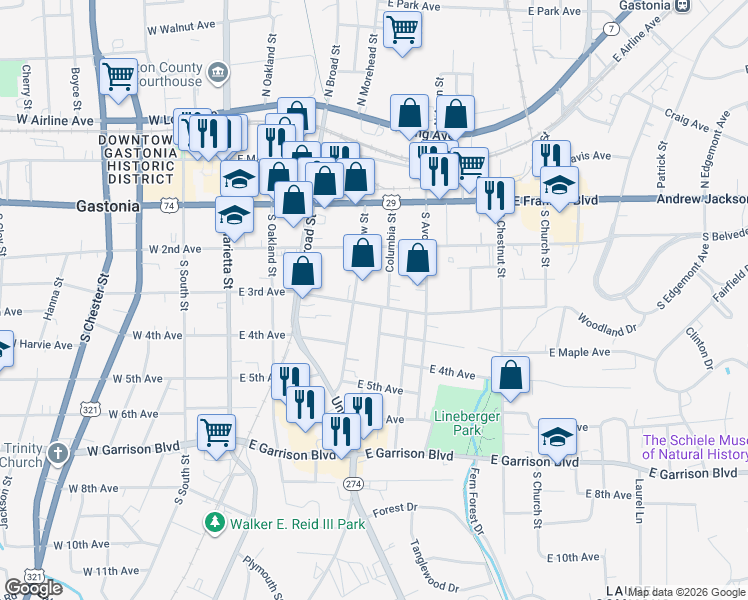 map of restaurants, bars, coffee shops, grocery stores, and more near 323 South Columbia Street in Gastonia