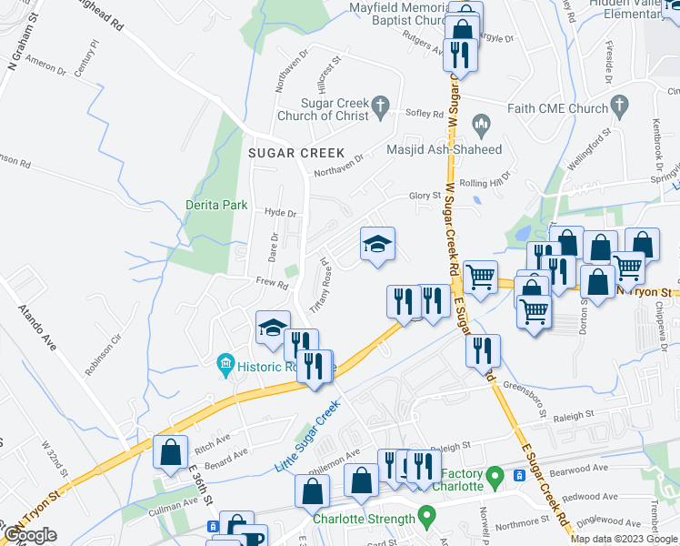 map of restaurants, bars, coffee shops, grocery stores, and more near 311 Hunslet Circle in Charlotte